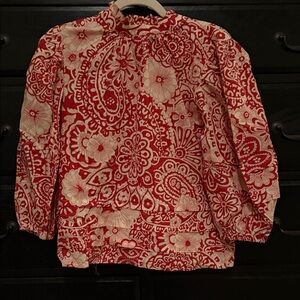 Red and Cream Floral Paisley Mock-Neck Blouse